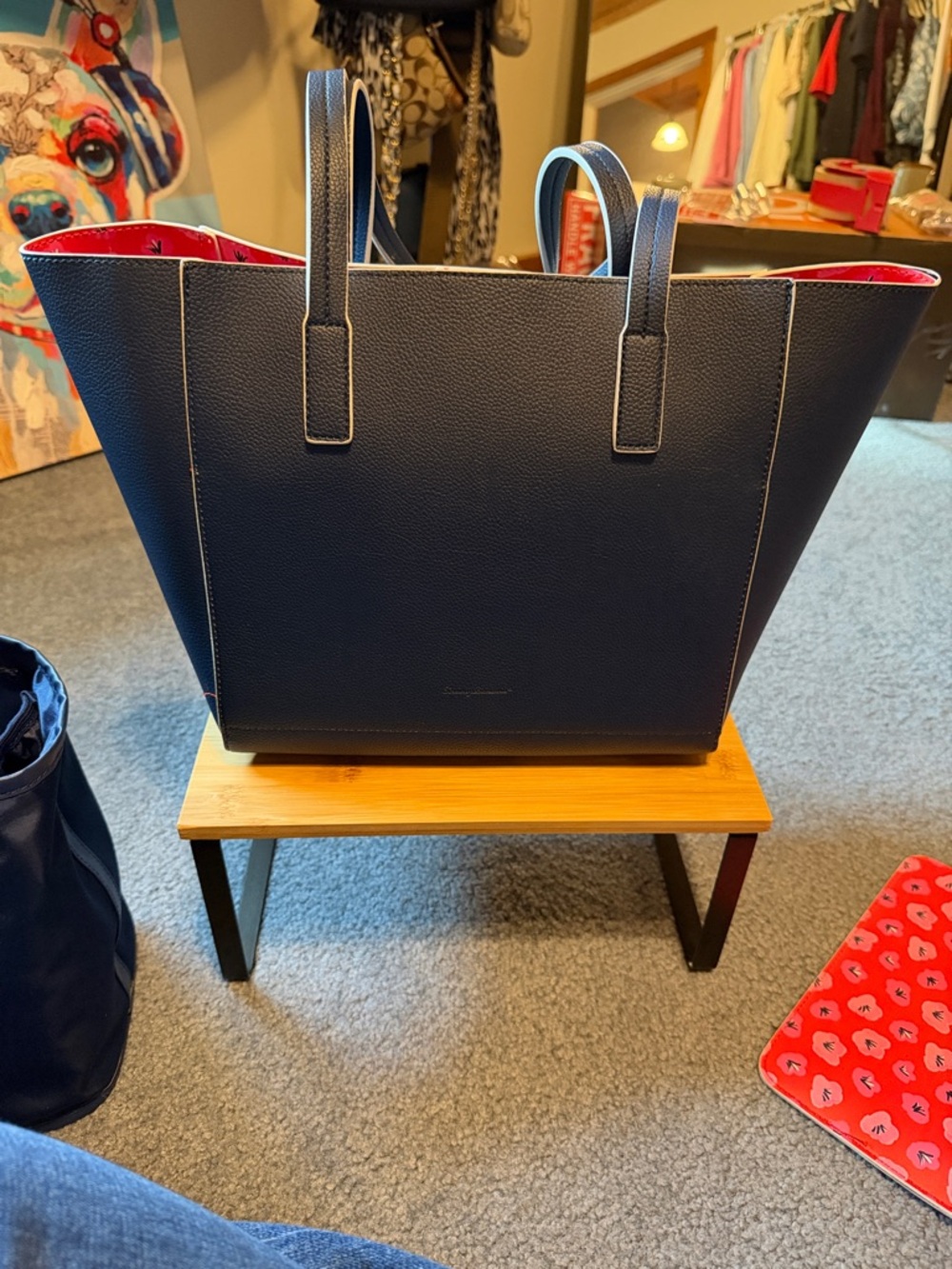 Structured Navy Leather shoulder Bag with white Trim Tommy Bahama